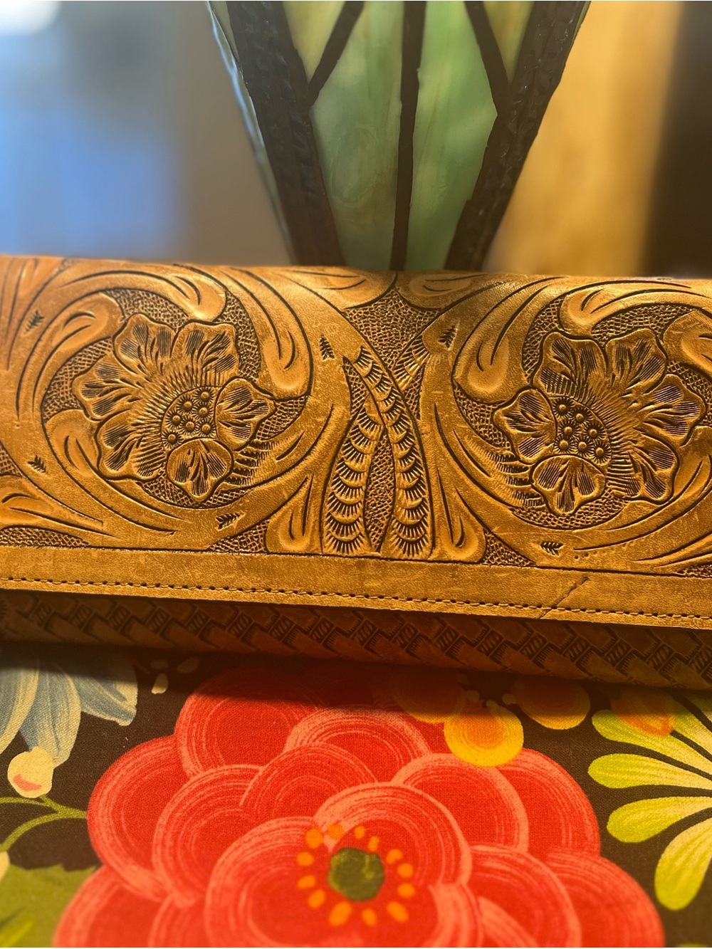 Tooled Leather Floral Wallet - Tan